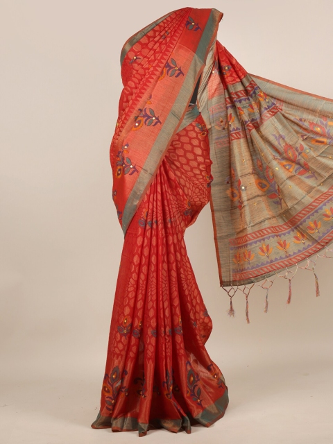 

Pothys Red & Grey Floral Jute Silk Saree