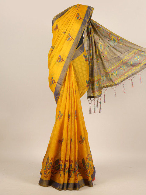 

Pothys Yellow & Brown Floral Mirror Work Jute Silk Saree