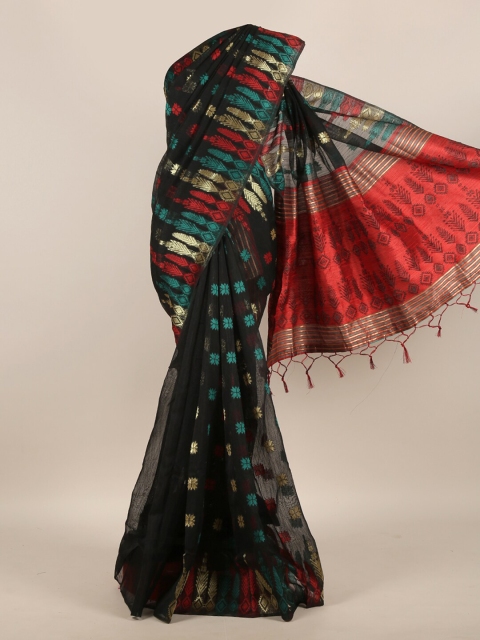 

Pothys Black & Red Floral Zari Jute Silk Saree