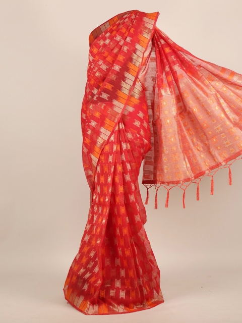 

Pothys Red & Orange Woven Design Zari Jute Silk Saree