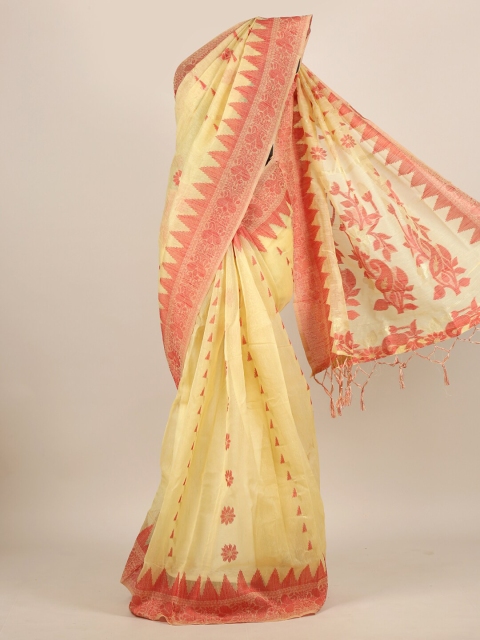 

Pothys Cream-Coloured & Red Floral Jute Silk Saree