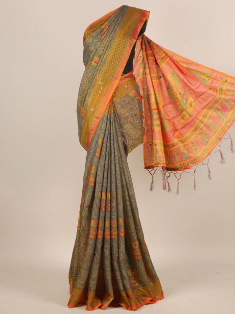 

Pothys Grey & Pink Floral Jute Silk Saree