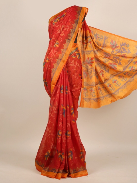 

Pothys Red & Yellow Floral Jute Silk Saree