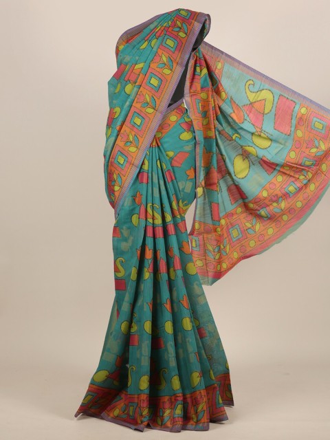 

Pothys Turquoise Blue & Orange Floral Jute Silk Saree