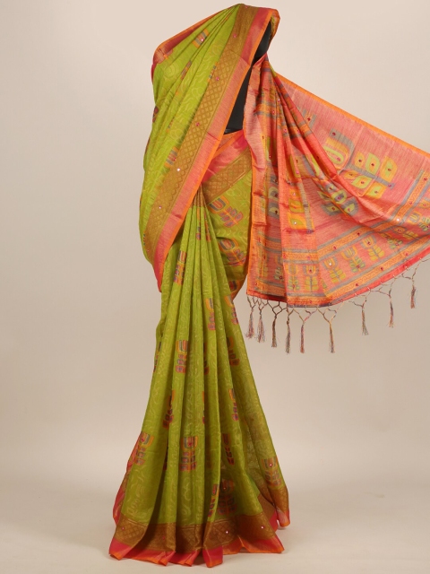 

Pothys Green & Orange Ethnic Motifs Mirror Work Jute Silk Saree