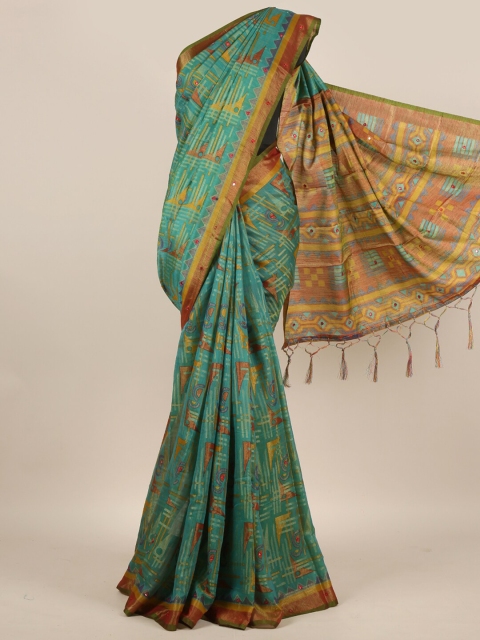 

Pothys Green & Brown Mirror Work Jute Silk Saree