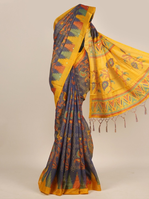 

Pothys Blue & Yellow Floral Jute Silk Saree