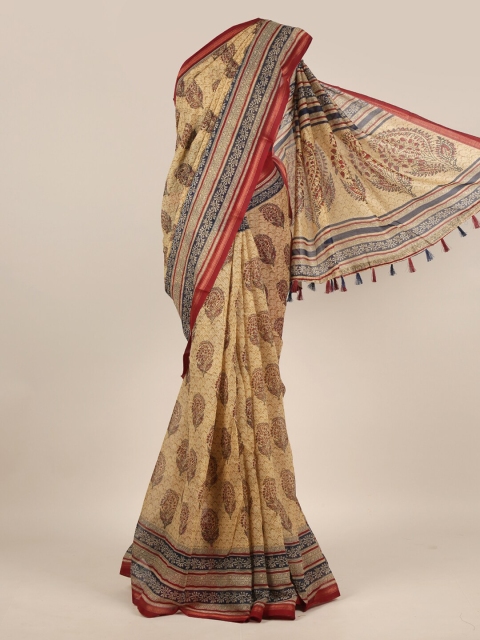 

Pothys Cream-Coloured & Red Paisley Saree
