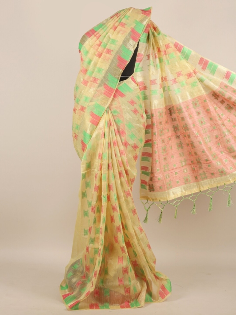 

Pothys Cream-Coloured & Green Woven Design Zari Jute Silk Saree