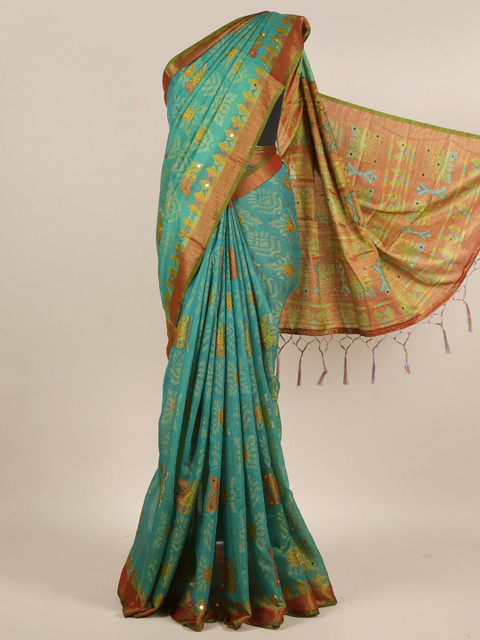 

Pothys Green & Red Floral Mirror Work Jute Silk Saree