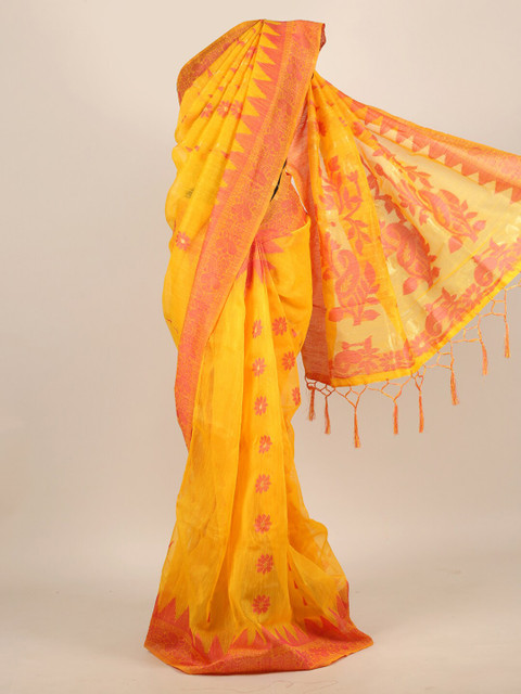 

Pothys Yellow & Pink Floral Jute Silk Saree