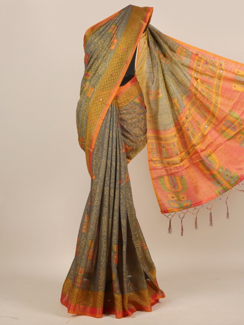 

Pothys Grey & Pink Floral Jute Silk Saree
