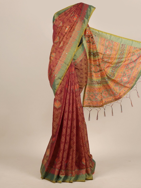 

Pothys Maroon & Gold-Toned Mirror Work Jute Silk Saree