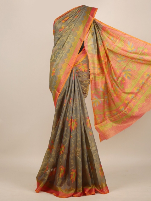 

Pothys Grey & Orange Floral Jute Silk Saree