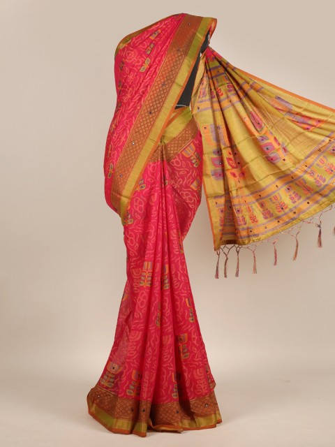 

Pothys Magenta & Gold-Toned Floral Mirror Work Jute Silk Saree