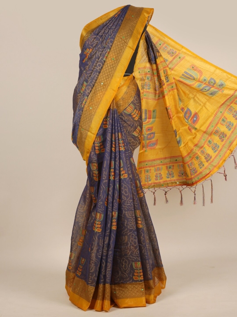 

Pothys Blue & Yellow Floral Mirror Work Jute Silk Saree