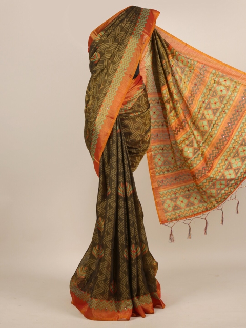 

Pothys Green & Orange Mirror Work Jute Silk Saree