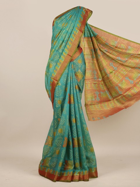 

Pothys Green & Gold-Toned Ethnic Motifs Zari Jute Silk Saree
