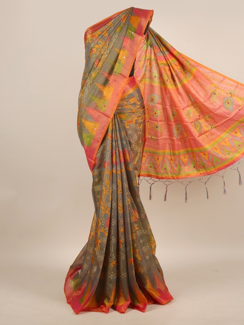 

Pothys Grey & Pink Floral Mirror Work Jute Silk Saree