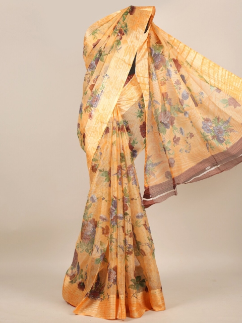 

Pothys Peach-Coloured & Gold-Toned Floral Zari Saree