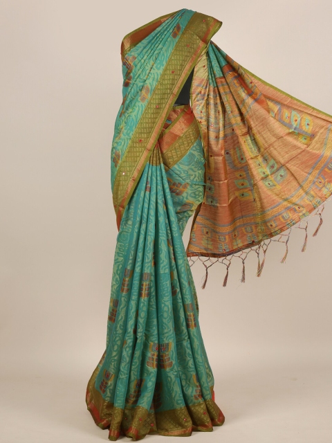 

Pothys Green & Blue Paisley Mirror Work Jute Silk Saree