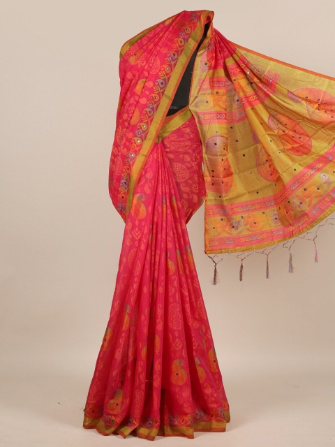 

Pothys Magenta & Green Floral Mirror Work Jute Silk Saree