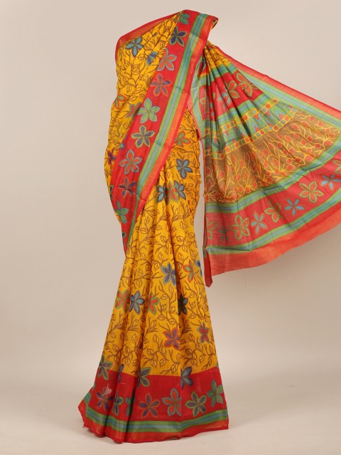 

Pothys Yellow & Red Floral Jute Silk Saree