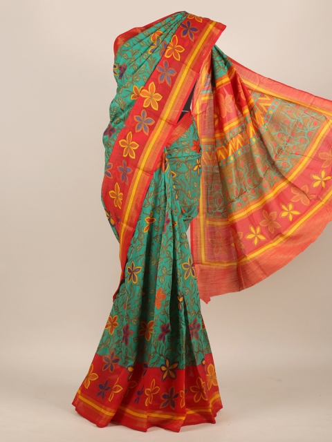 

Pothys Green & Red Floral Jute Silk Saree