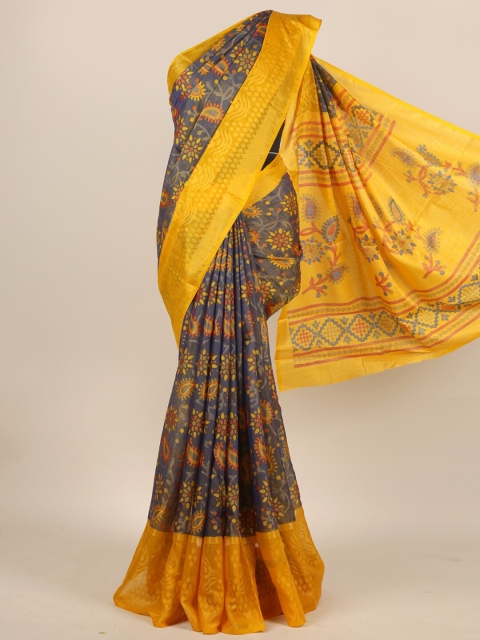 

Pothys Blue & Grey Floral Zari Jute Silk Saree