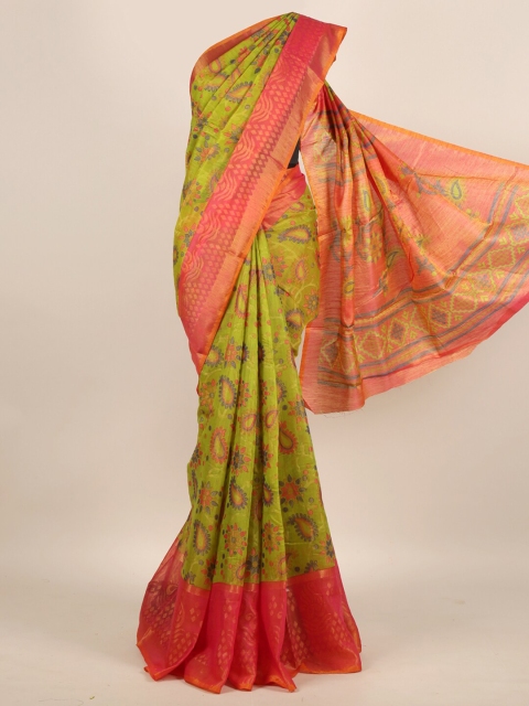 

Pothys Green & Pink Floral Jute Silk Saree