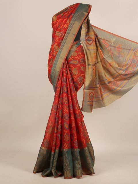 

Pothys Red & Copper-Toned Floral Zari Jute Silk Saree