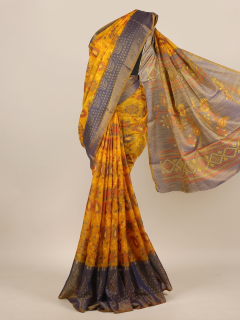 

Pothys Mustard & Blue Floral Jute Silk Saree