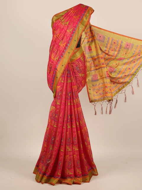 

Pothys Magenta & Green Mirror Work Jute Silk Saree