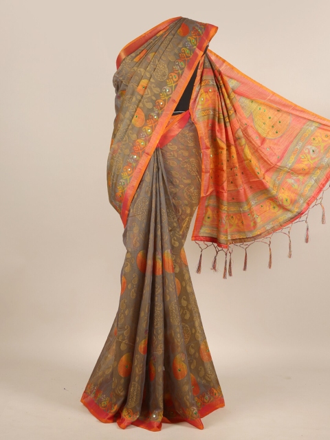 

Pothys Grey & Pink Paisley Mirror Work Jute Silk Saree