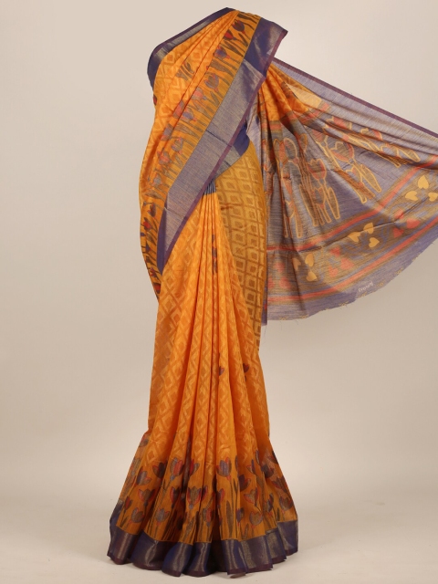 

Pothys Mustard & Purple Floral Jute Silk Saree