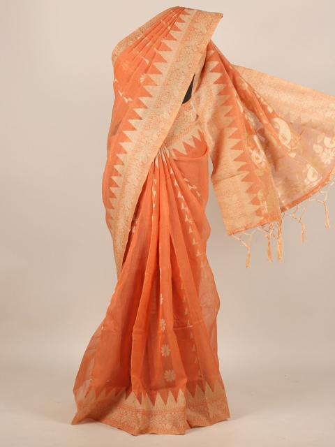 

Pothys Peach-Coloured & Cream-Coloured Ethnic Motifs Jute Silk Saree