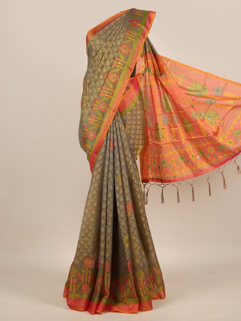

Pothys Grey & Orange Floral Mirror Work Jute Silk Saree