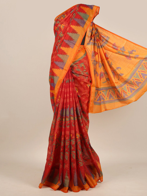 

Pothys Red & Yellow Floral Jute Silk Saree