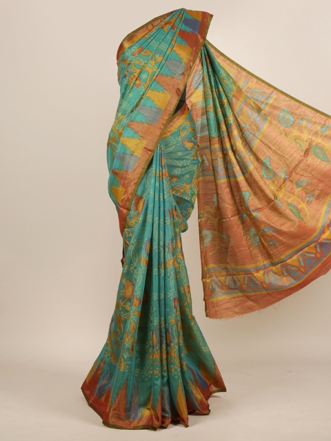 

Pothys Green & Brown Floral Jute Silk Saree
