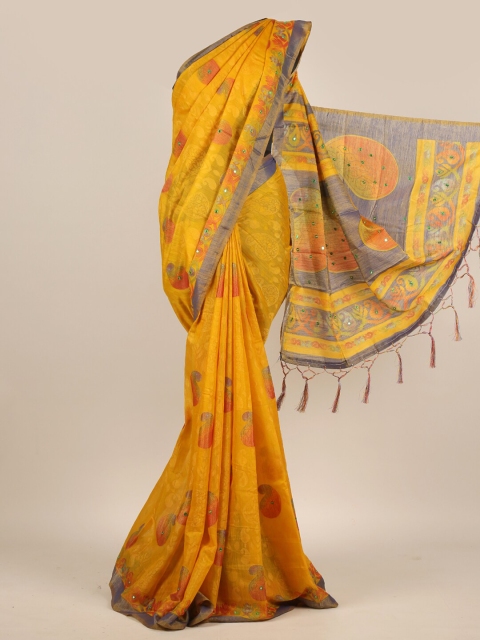 

Pothys Yellow & Grey Paisley Mirror Work Jute Silk Saree