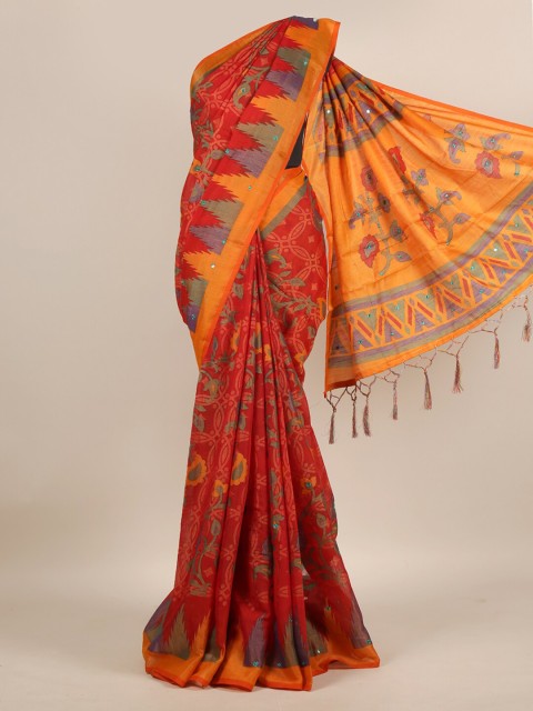 

Pothys Red & Orange Floral Jute Silk Saree