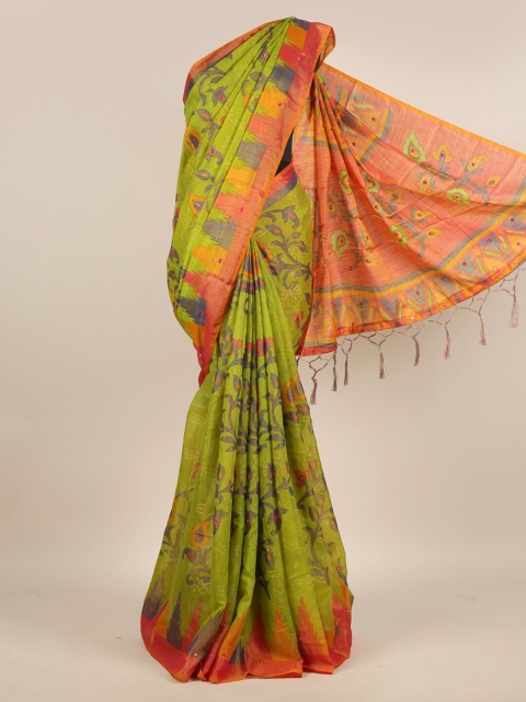 

Pothys Green & Red Floral Jute Silk Saree