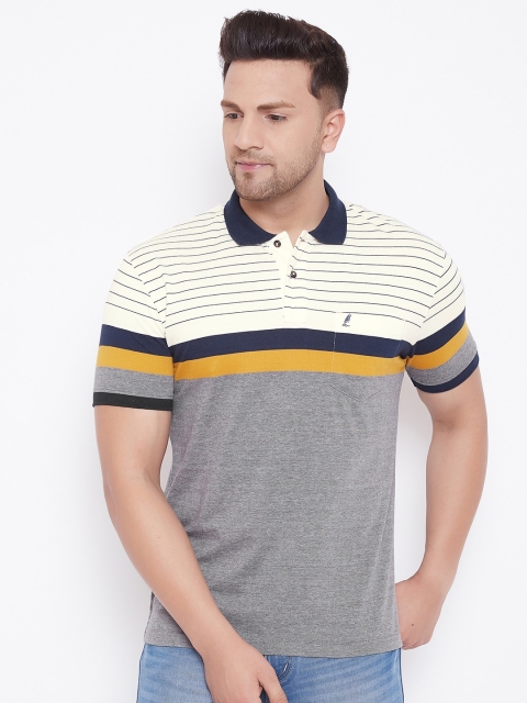 

HARBORNBAY Men Multicoloured Striped Polo Collar Pure Cotton T-shirt, Multi