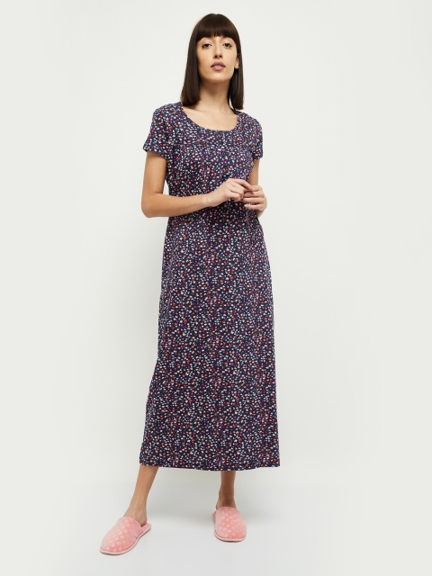 

max Women Navy Blue & Pink Floral Printed Pure Cotton Nightdress
