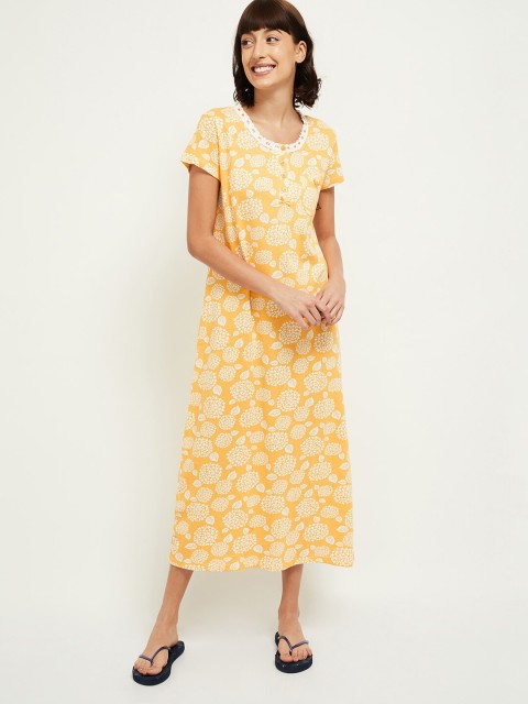 

max Women Mustard Yellow & White Floral Printed Pure Cotton Nightdress