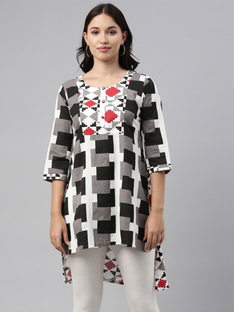 

Neerus Women Black Geometric Printed High-Low Longline Top
