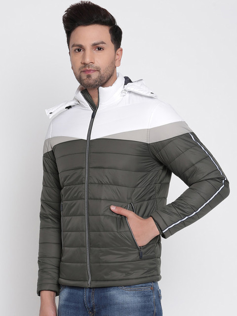 

METTLE Men Olive Green Striped Padded Jacket