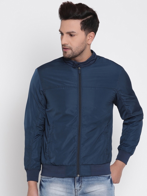 

METTLE Men Blue Striped Bomber Jacket