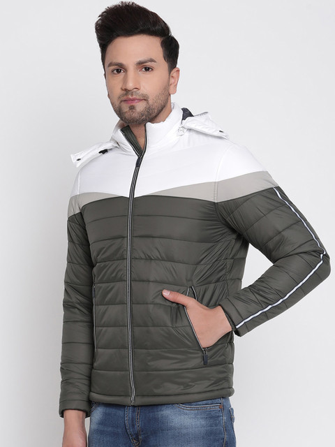 

METTLE Men Olive Green & White Colourblocked Padded Jacket