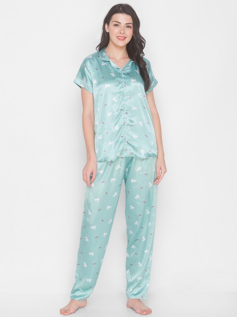 

AV2 Women Sea Green & White Conversational Printed Night suit